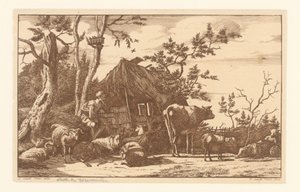 Terkedilmiş Bir Ahırın Önünde Sığır Oturan Çoban by Vincent Jansz. van der Vinne