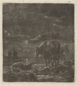 Uyuyan çoban ve sığır ile gece manzarası by Vincent Laurensz. van der Vinne (II)