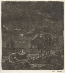 Uyuyan çoban ve sığır ile gece manzarası by Vincent Laurensz. van der Vinne (II)