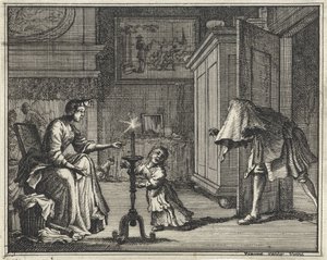 Baba bir çocuğu bir iç mekanda korkutuyor by Vincent Laurensz. van der Vinne (II)