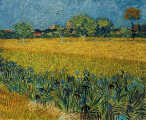 Ön planda iris çiçekleri olan Arles manzarası