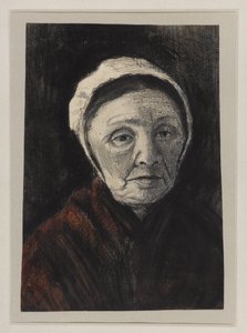 Scheveninger şapkalı yaşlı bir kadının başı, 1882-83 (kağıt üzerinde kömür, siyah ve kahverengi tebeşir)