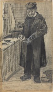 Bir Botu Parlatan Adam, 1882 (siyah tebeşir ve gri yıkama, dokuma kağıt üzerinde beyaz kabartmalı) by Vincent van Gogh
