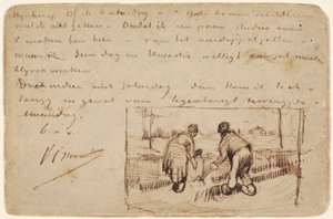 Kazma İki Köylü ile Kartpostal, 1885 (kartpostalda kalem ve kahverengi mürekkep) by Vincent van Gogh