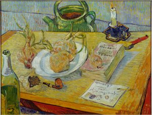 Çizim tahtası, boru, soğan ve mühür mumu ile natürmort by Vincent van Gogh