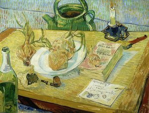 Çizim tahtası, boru, soğan ve mühür mumu ile natürmort. 1889 by Vincent van Gogh