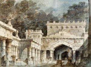Venedik'teki La Fenice Tiyatrosu'nda sahnelenen Vincenzo Bellini'nin (1801-1835) operası Norma'nın beşinci sahnesi için Francesco Bagnara'nın set tasarımı