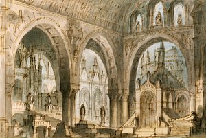 Venedik'teki La Fenice Tiyatrosu'nda sahnelenen Vincenzo Bellini'nin (1801-1835) operası Capuleti ve Montecchi'nin dördüncü sahnesi için Francesco Bagnara'nın set tasarımı