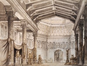 Venedik'teki La Fenice Tiyatrosu'nda sahnelenen Vincenzo Bellini'nin (1801-1835) operası Norma'nın ikinci sahnesi için Francesco Bagnara'nın set tasarımı