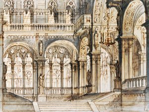 Venedik'teki La Fenice Tiyatrosu'nda sahnelenen Vincenzo Bellini'nin (1801-1835) operası Capuleti ve Montecchi'nin üçüncü sahnesi için Francesco Bagnara'nın set tasarımı