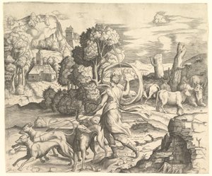 Bir Manzaradaki Avcı Diana, ca. 1530-42. by Vincenzo Caccianemici