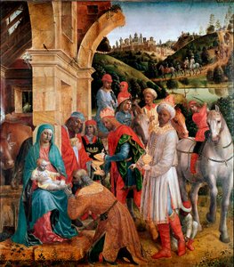 Vincenzo Foppa (yaklaşık 1427-1515) Sun tarafından Magi Resminin Hayranlığı. 239x210 cm Londra, Ulusal Galeri - Kralların Hayranlığı, Vincenzo Foppa (c.1427-c.1515). Kavak üzerine yağlı boya, 239x210 cm, c.1500. Ulusal Galeri, Londra, Birleşik Krallık