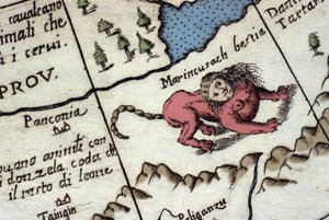 Mantikor temsili, insan başlı (genellikle boynuzlu, mavi gözlü ve üç sıra dişli) fantastik bir yaratık, akrep veya ejderha kuyruğu ve aslan gövdesi. Vincenzo coronelli (1650-1718) tarafından hazırlanan bir dünya haritasının detayı. 17. yüzyıl