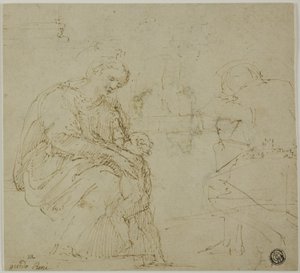 Bakire ve Çocuk, Oturan Figür ve Manzara Eskizleri by Vincenzo Tamagni