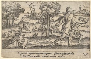 Atalanta ve Hippomenes, ön planda Atalanta bir elma almak için diz çökmüş ve..., ca. 1535-62.