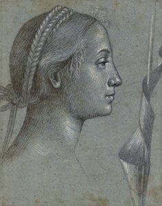 Recto: Bir Direğin etrafına flama sarılmış bir Kadın Başı (soluk mavi-gri kağıt üzerinde beyaz gövde rengiyle yükseltilmiş kahverengi yıkamalı siyah tebeşir) by Vittore Carpaccio