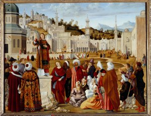 Aziz Stephen'ın Kudüs'teki Tahmini Venedik'teki Scuola si Santo Stefano kilisesi için yapılmış bir serinin resim bölümü. Resim Vittore Carpaccio (1450/54-1525/26) Sun. 1,4x1,9 m - Kudüs'teki Aziz Stephen (St. Etienne) Vaazı. Bilişim Teknolo by Vittore Carpaccio