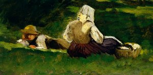 Vittorio Avondo (1836-1910) tarafından çimlerin üzerinde yatan oturan kadın ve oğlan.