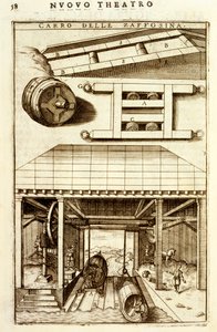 Kara ve su arasında mal taşımak için atlı hidrolik kasnak mekanizması, 1607