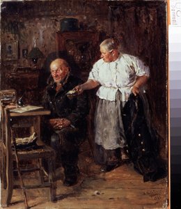 Azarlama (Azarlama). İçerideki yaşlı bir çift, karısı kocasına cüzdanını göstererek sitem ediyor. Vladimir Yegorovich Makovsky