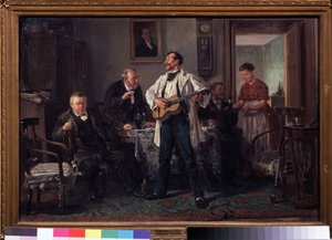 Arkadaşlar. Bir oturma odasında bir masanın etrafında toplanmışlar, bir kadın onlara yeni bir şişe şarap getirirken şarkı söyleyen bir gitaristi dinliyorlar. Vladimir Yegorovich Makovsky (Makovsky, Makovskij) (1846-1920) tarafından boyama, t üzerine yağlı  by Vladimir Egorovic Makovsky