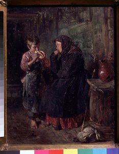 Yeniden birleşme (Birleşme). Çocuğunu, bastonunu ve sırt çantasını ziyarete gelen bir anne, yerde yatarken, paltosunu ve eşarbını hala kafasına takıyor ve bir çeşit çörek yerken oğlunu gözleriyle yiyip bitiriyor. O yalınayak, by Vladimir Egorovic Makovsky