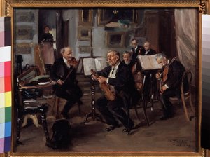 Müzikli Akşam. Müzisyenler bir konser vermeye hazırlanırlar, enstrümanlarını enstrüman kasaları ve notalar arasında akort ederler. Vladimir Yegorovich Makovsky Makovsky (Makovsky, Makovskij) (1846-1920), yağlı boya tabloları by Vladimir Egorovic Makovsky