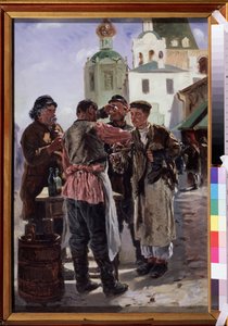 Kvas Satıcısı (Kwass) (Kvas satıcısı). Fermente ve köpüklü içecek, hafif alkollü ve popüler, lakaplı ekmek birası, Rus ulusal içeceği. Vladimir Yegorovich Makovsky