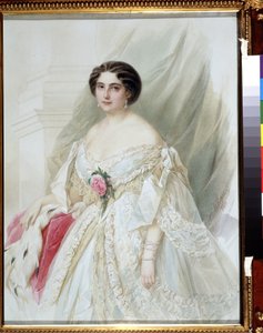 "Kürk pelerinli bir bayanın portresi" Kurdeleli, küpeli ve bilezikli beyaz bir elbise giymiş. Suluboya Vladimir Hau (Gau) (1816-1895) 1860 Özel koleksiyon