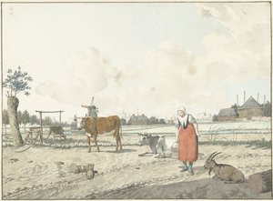 Çiftçinin karısı ve sığırıyla manzara by W. Barthautz
