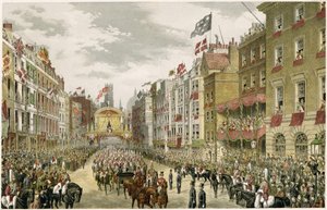 Strand'da Alayı, Temple Bar, Strand, Londra, Birleşik Krallık (renkli gravür) by W. H. Russell