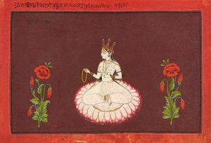 Saraswati, Goddess serisinden bir yaprak, c.1680-1700 (kağıt üzerinde opak suluboya ve altın rengi) by Wajid (attr.to)