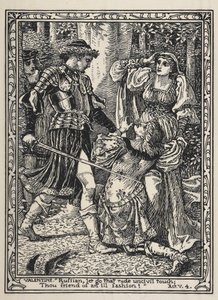Two Gentlemen of Verona filminden bir sahne. Silvia haykırdığında, Valentine öfkeyle çalıların arasından fırlar ve ihaneti için Proteus'a lanet okur. by Walter Crane