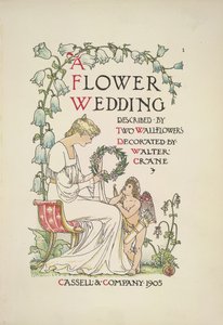Çelenk tutan oturan bir kadın; ona bakan bir melek by Walter Crane
