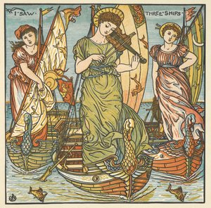 'Üç gemi gördüm' için renkli illüstrasyon. Gemilerde duran biri keman çalan üç kadın. by Walter Crane
