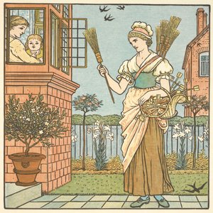 'Bir süpürge satın al' için renkli illüstrasyon. Süpürge satan genç bir kadın. by Walter Crane