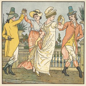 'Avignon köprüsünde' için renkli illüstrasyon. Dans eden iki çift. by Walter Crane