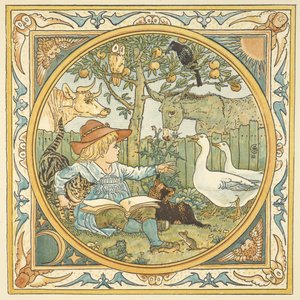 'Bebeğin kendi ezopu' için renkli illüstrasyon. Hayvanlarla çevrili bir bahçede bir çocuk. by Walter Crane