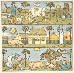 'Küçük felaket' için renkli illüstrasyon. Bir çiftçi, bir sütçü ve çeşitli çiftlik hayvanları. by Walter Crane
