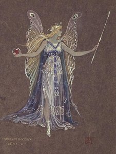'Kardan Adam'dan Peri Prenses Ariella için kostüm tasarımı (kahverengi kağıt üzerine sulu boya) by Walter Crane