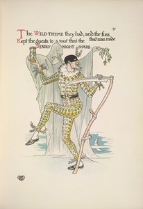 Ölümcül gece gölgesi. Maskeli, sarı kostümlü, elinde yumurta saati ve tırpan olan bir adam by Walter Crane