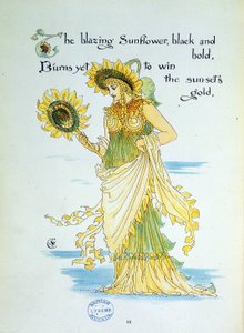 Ayçiçeği çiçeği (güneş), sarı ve yeşil giyinmiş genç bir kadında kişileşir. Walter Crane (1845-1912) tarafından yazılan ve resimlenen ""Flora's Feast""ten 36. Levha. 1889. İngiliz Kütüphane Kurumu Referansı: Shelfmark ID: 11651.I.21 by Walter Crane