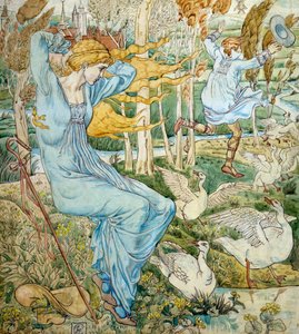 "Genç bir adam rüzgarda uçan şapkasını yakalamaya çalışmaktadır. Bir kaz bakıcısı onu izliyor. Walter Crane (1845-1915) tarafından illüstrasyon Özel koleksiyon by Walter Crane