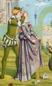 "Romantik Sürpriz" Genç bir oğlan, genç bir kızın gözlerini kapatır. Walter Crane (1845-1915) ve Kate Greenaway (1846-1901) tarafından çizilmiştir. by Walter Crane