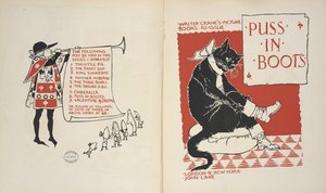 İçindekiler listesi ve 'Çizmeli Kedi' için Başlık sayfası. by Walter Crane