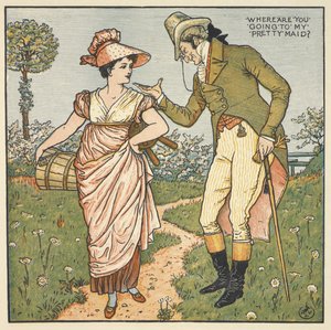 'Benim güzel hizmetçim'. Genç bir kadınla konuşan bir beyefendi. by Walter Crane