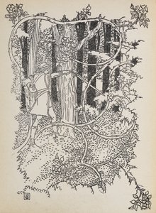 Yakışıklı Prens, büyümüş ormanın içinden geçerek Uyuyan Güzel'e doğru yol alır. by Walter Crane