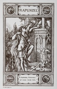 Bir prens saçlarına tırmanırken Rapunzel bir kulenin penceresinden dışarı doğru eğiliyor. by Walter Crane