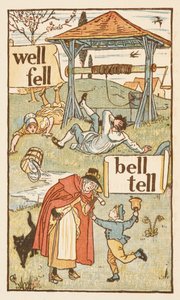 L harfiyle biten kafiyeli sözler. Zili olan bir çocuk. Yaşlı bir kadın ve kedisi. Altın astar. by Walter Crane