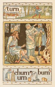 N harfiyle biten kafiyeli sözler. Muhtemelen Kral Alfred'i ve yanan kekleri gösteren bir resim. Altın astar. by Walter Crane